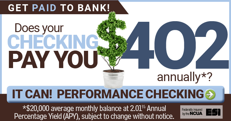 DOCFCU Performance Checking pays up to $402 annually!